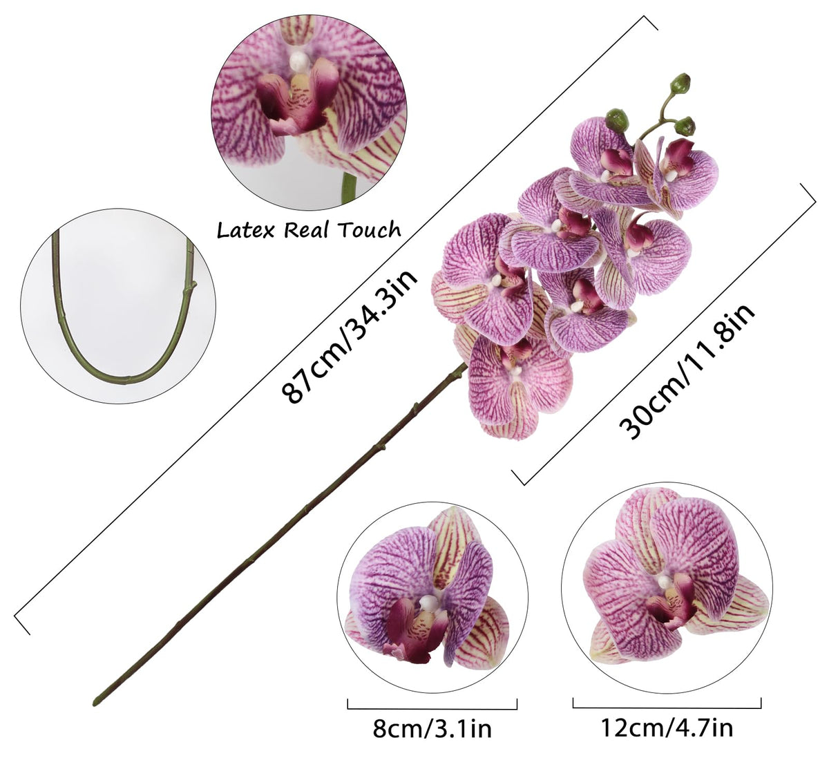 Purple Fake Orchid 34.3" Real Touch Faux Orchids Latex Artificial Phalaenopsis Branches Party Wedding Bridal Shower