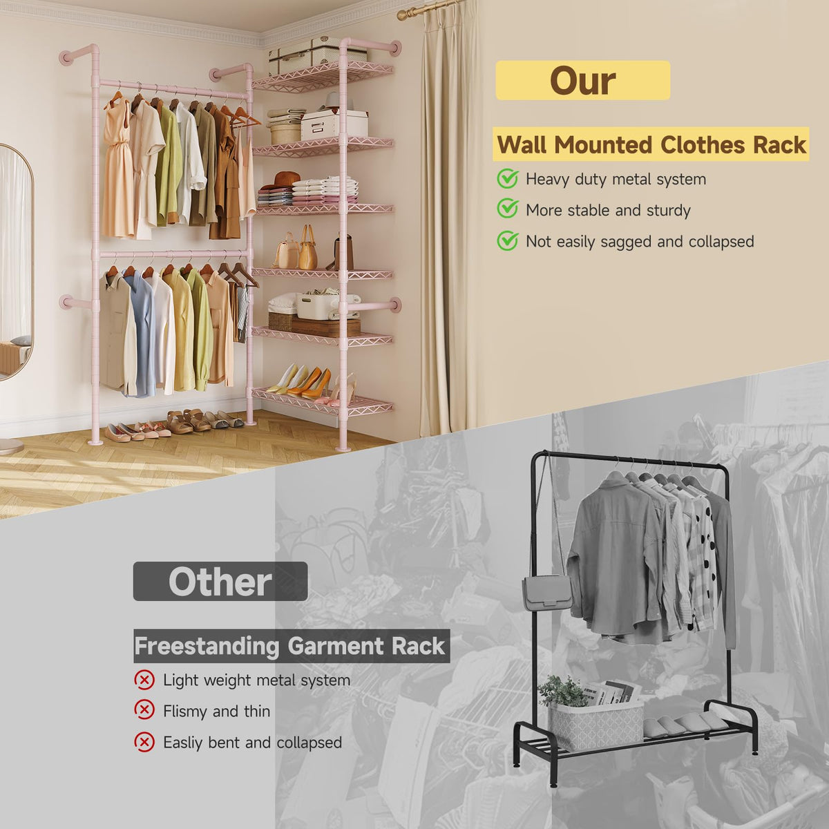 L2 Wall Mounted Closet System, Industrial Pipe Clothing Rack, Pink