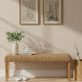 Solid Wood Acacia Indoor Bench, 47 Inch Water Hyacinth Seat, Fishbone Style | Natural Woven Seat, Living Room or