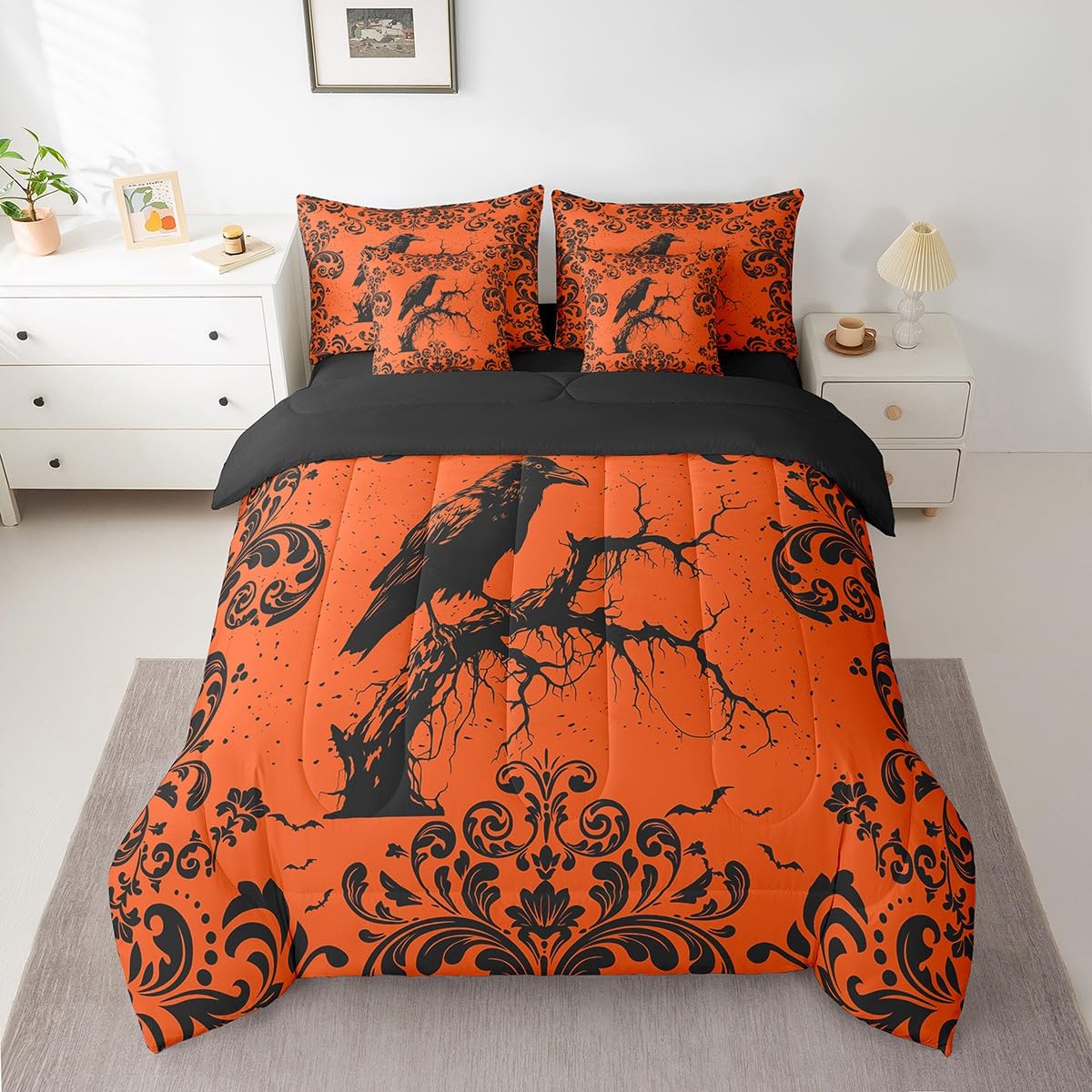 Halloween Crow Bedding Set Baroque Damask Gothic Twin Comforter Set 7 Piece Exotic Bohemian Vintage Floral Raven Bed