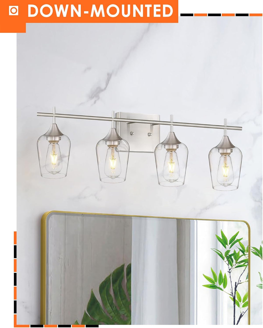 4-Light Bathroom Lighting Fixtures Over Mirror, 24 Inch Brushed Nickel Vanity Lights with Clear Glass, Modern Bath