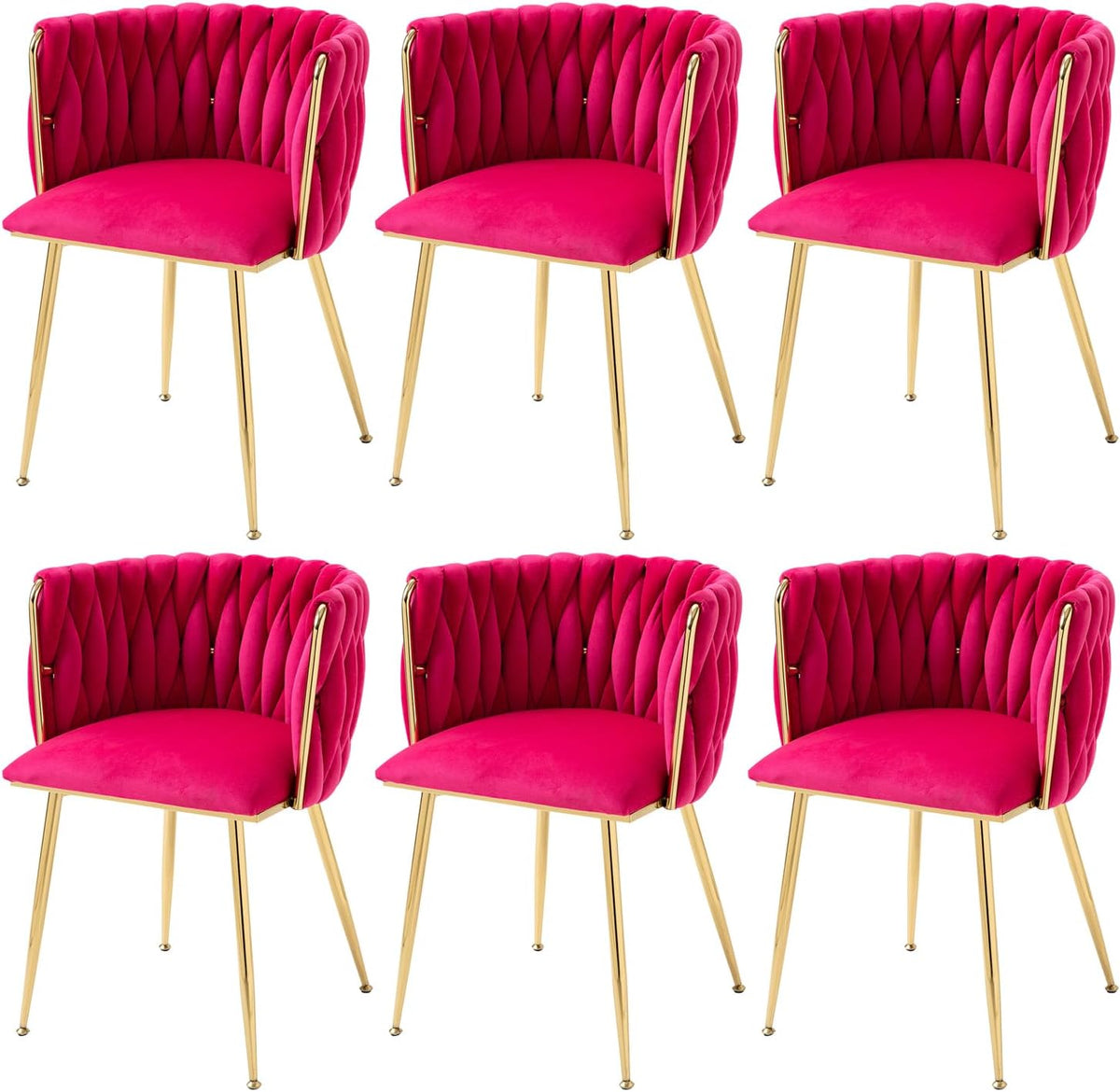 Woven Velvet Dining Chairs Set of 6, Upholstered Accent Chairs with Gold Metal Legs, Modern Dining Room Chairs, Rose Red