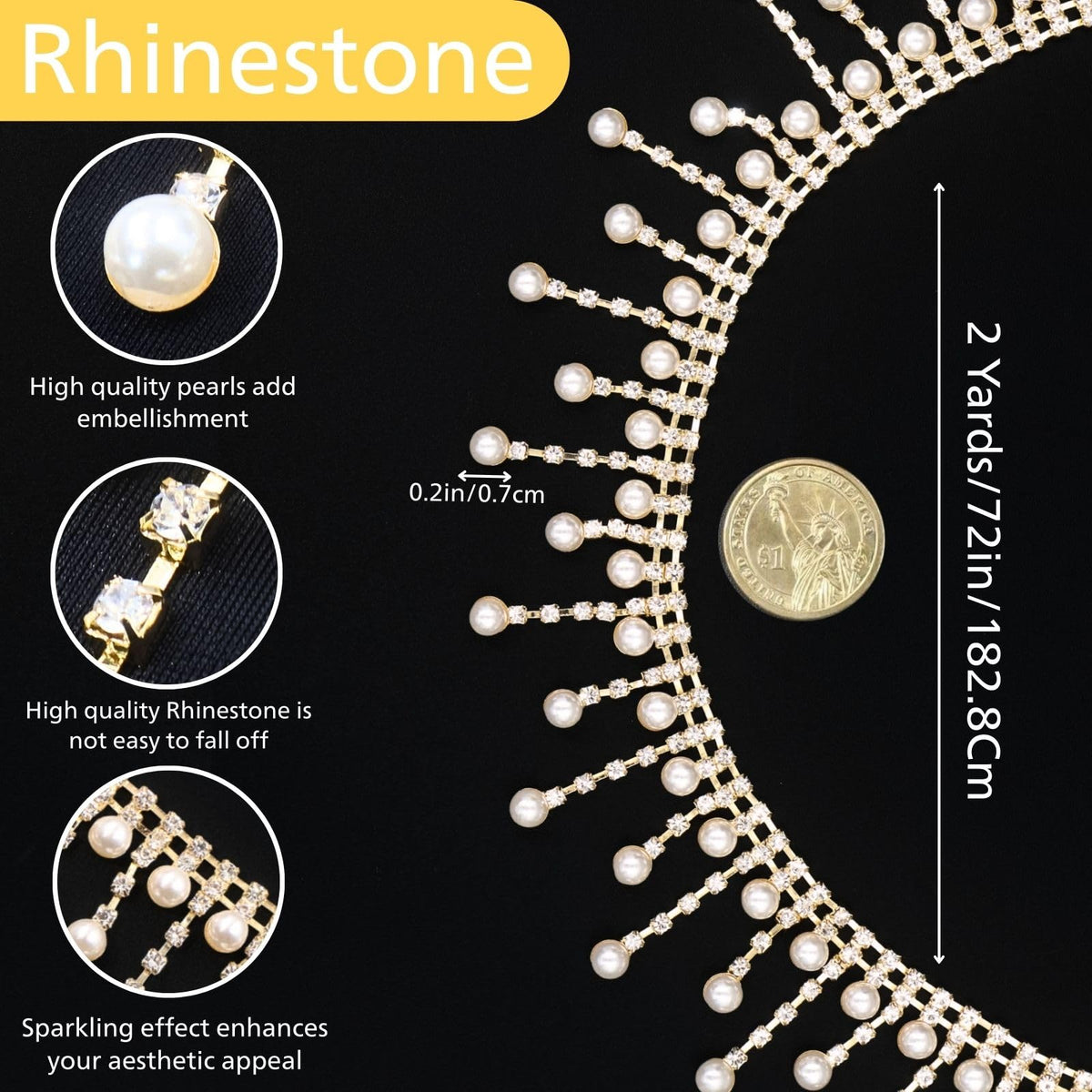 Gold Pearl Trim Rhinestone Trim Pearl Chain Tassel - 2 Yards