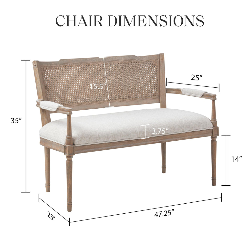Willshire Natural Rattan Settee, Upholstered Seat - Charming Country Design, Rustic Reclaimed Wood Finish, Ratan
