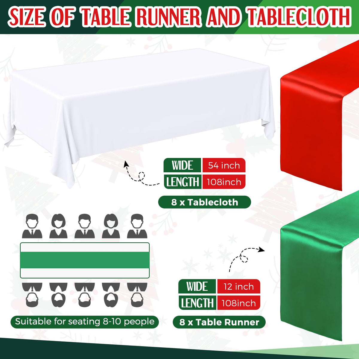 16 Pcs Christmas Red and Green Tablecloths Satin Table Runner Set