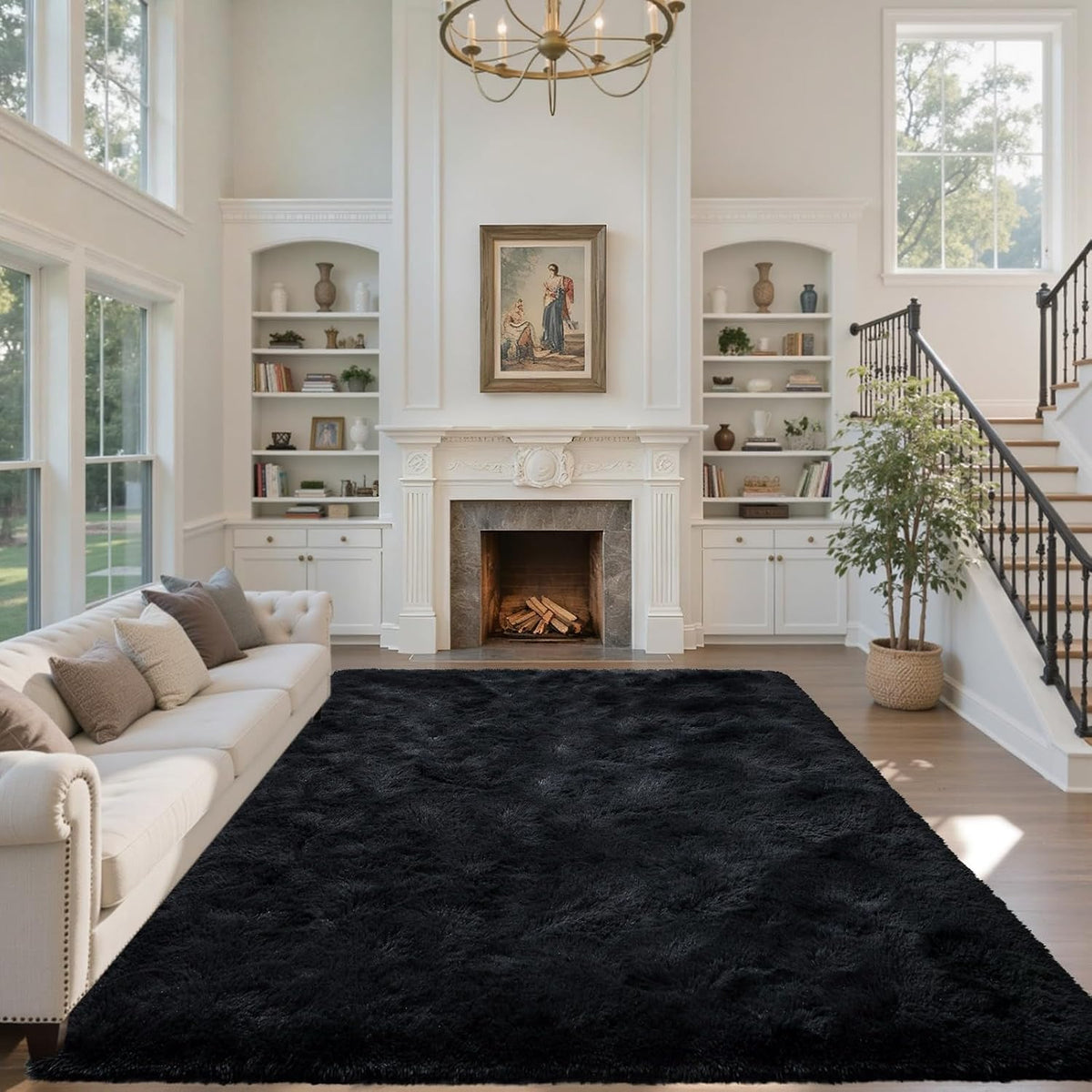 Black Area Rugs, Large Fluffy Shag Bedroom Rugs Non-Slip, Ultra Soft Plush Carpet Kids PlayRoom Dorm Office