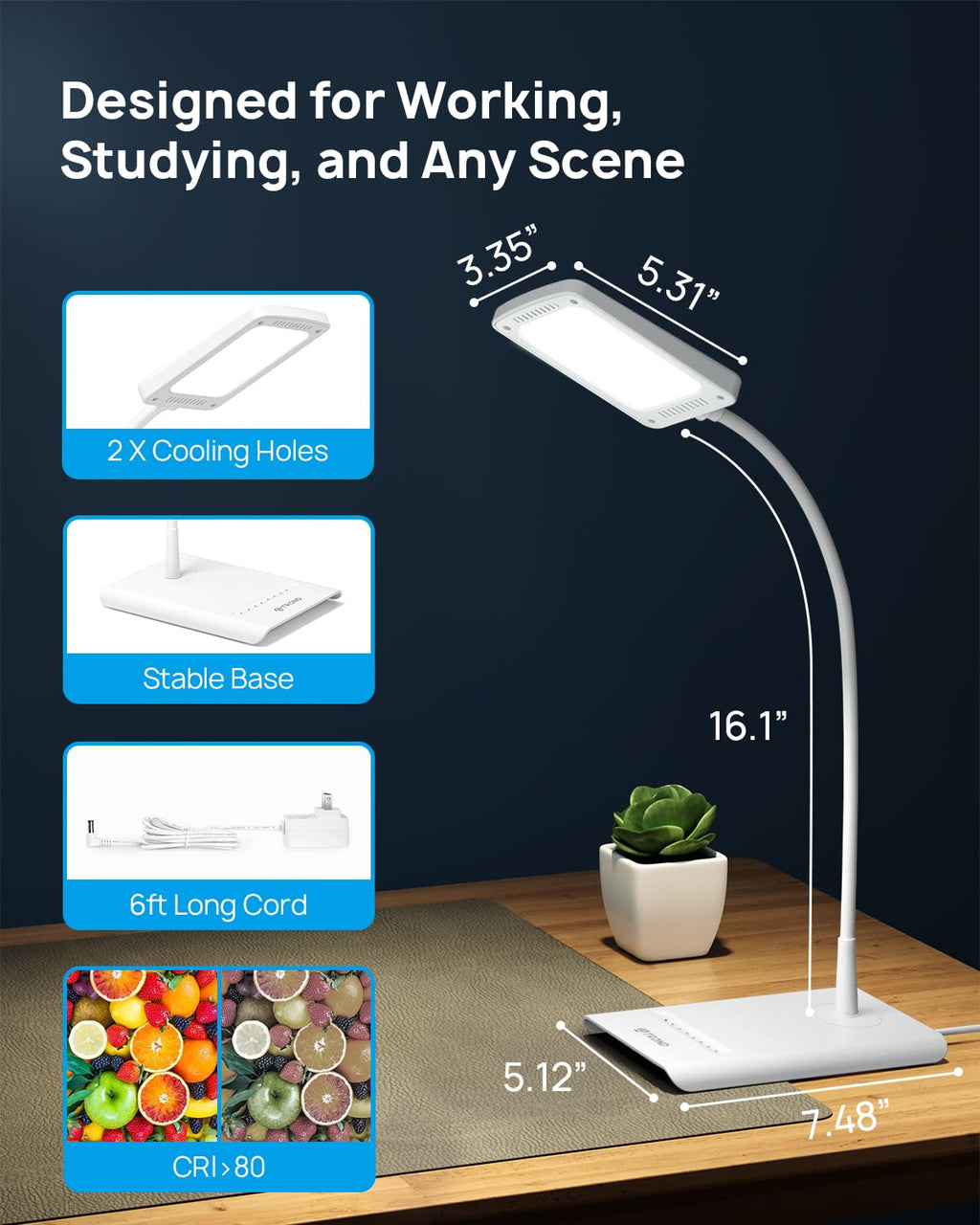 Desk Lamp, Dimmable Eye-Caring Table Lamp, Memory Function, White