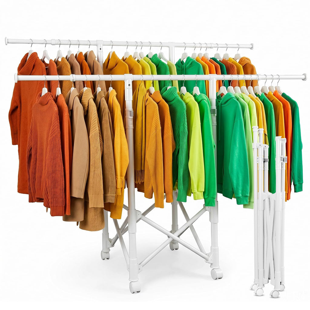 Clothes Rack, Rolling Clothes Drying Rack for Hanging Clothes Portable Foldable Laundry Rack for Air Drying Clothing