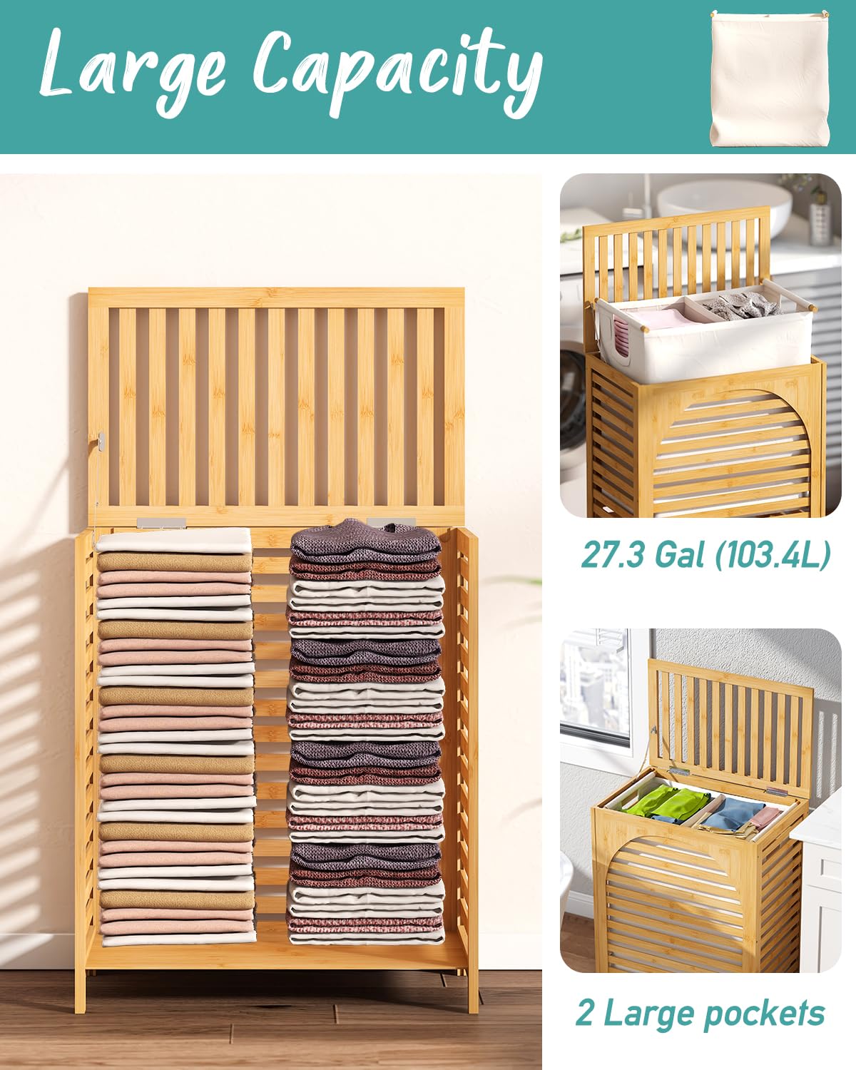 Hamper with Lid, 27.3 Gallon (103L) Bamboo Wood Clothes Laundry Basket with Lid and Handles, Removable Liner