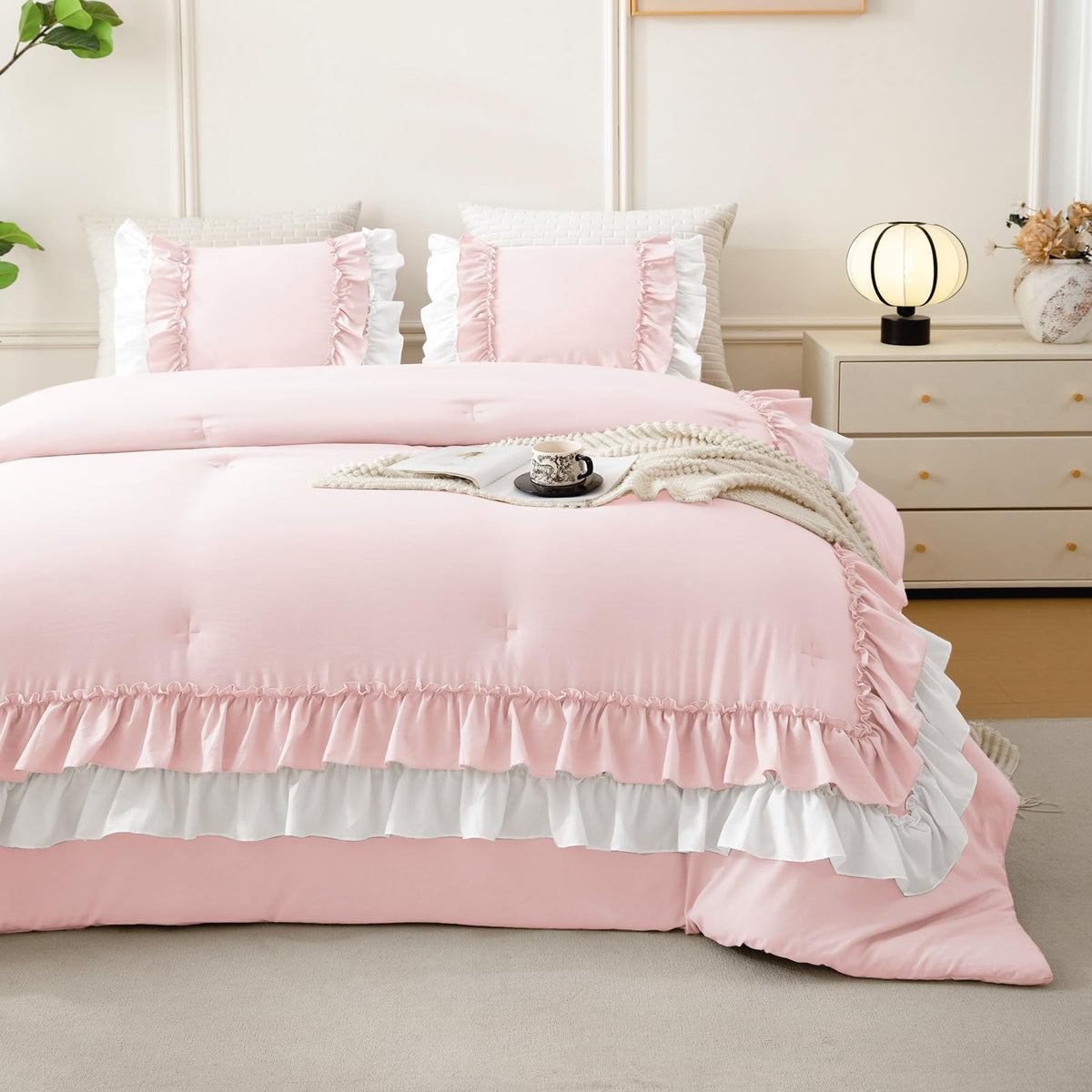 3PCs Blush White Ruffled Comforter Queen Size, Farmhouse Shabby Boho Chic Ruffle Bedding Comforter Set Queen French