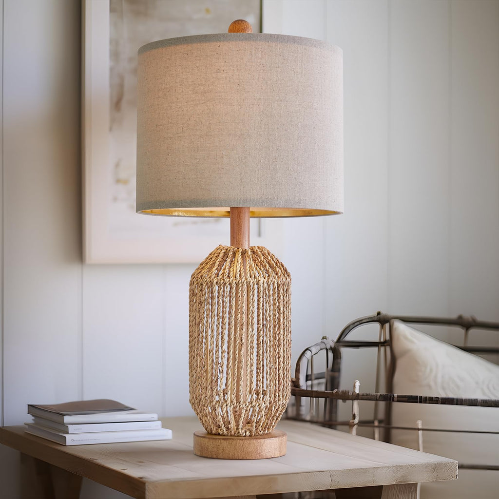 21" Boho Table Lamp, Bedside Lamp for Nightstands, Rattan Lamp, Farmhouse Table Lamp for Room Decor, End Table
