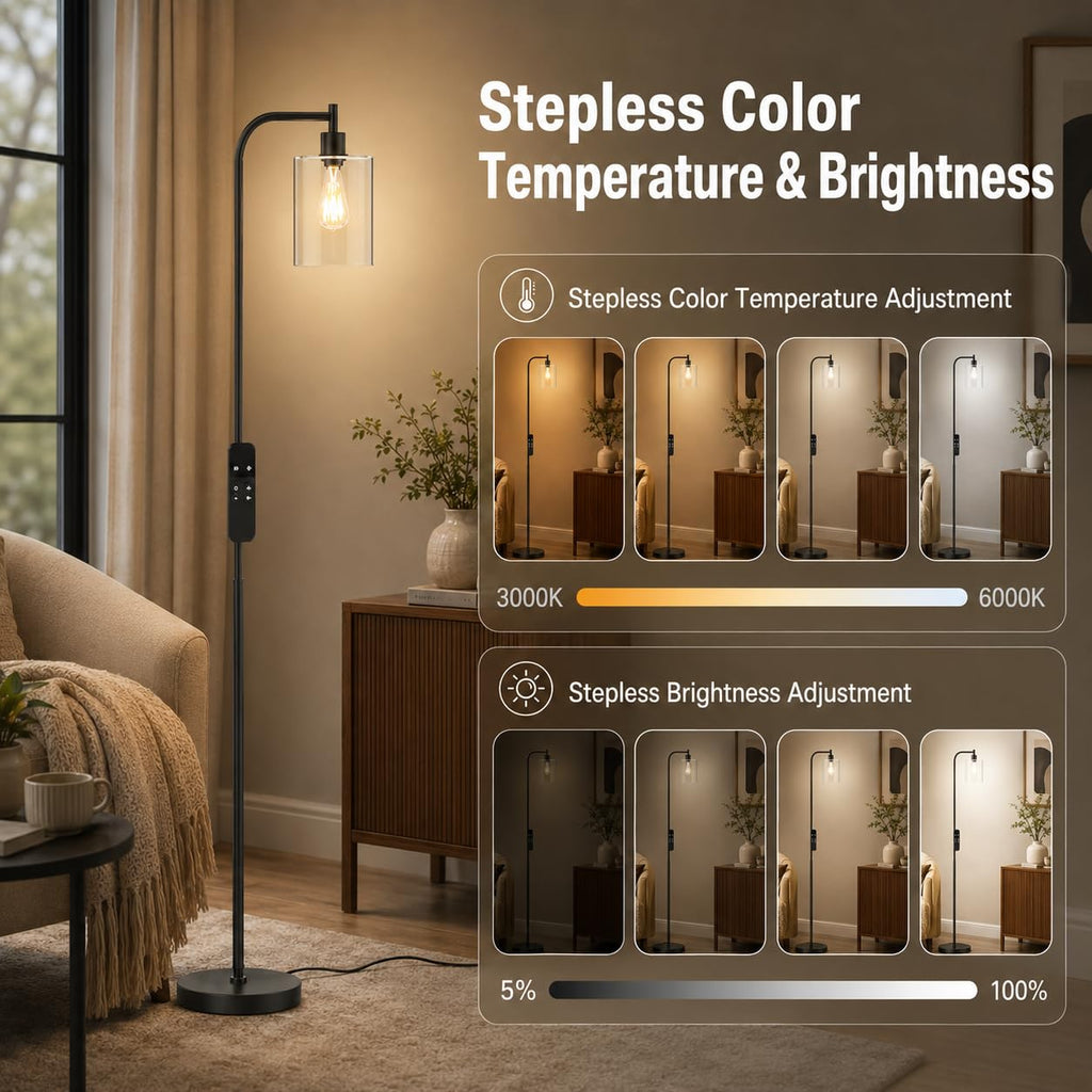 Industrial Floor Lamp with Glass Shade, LED Bulbs Included