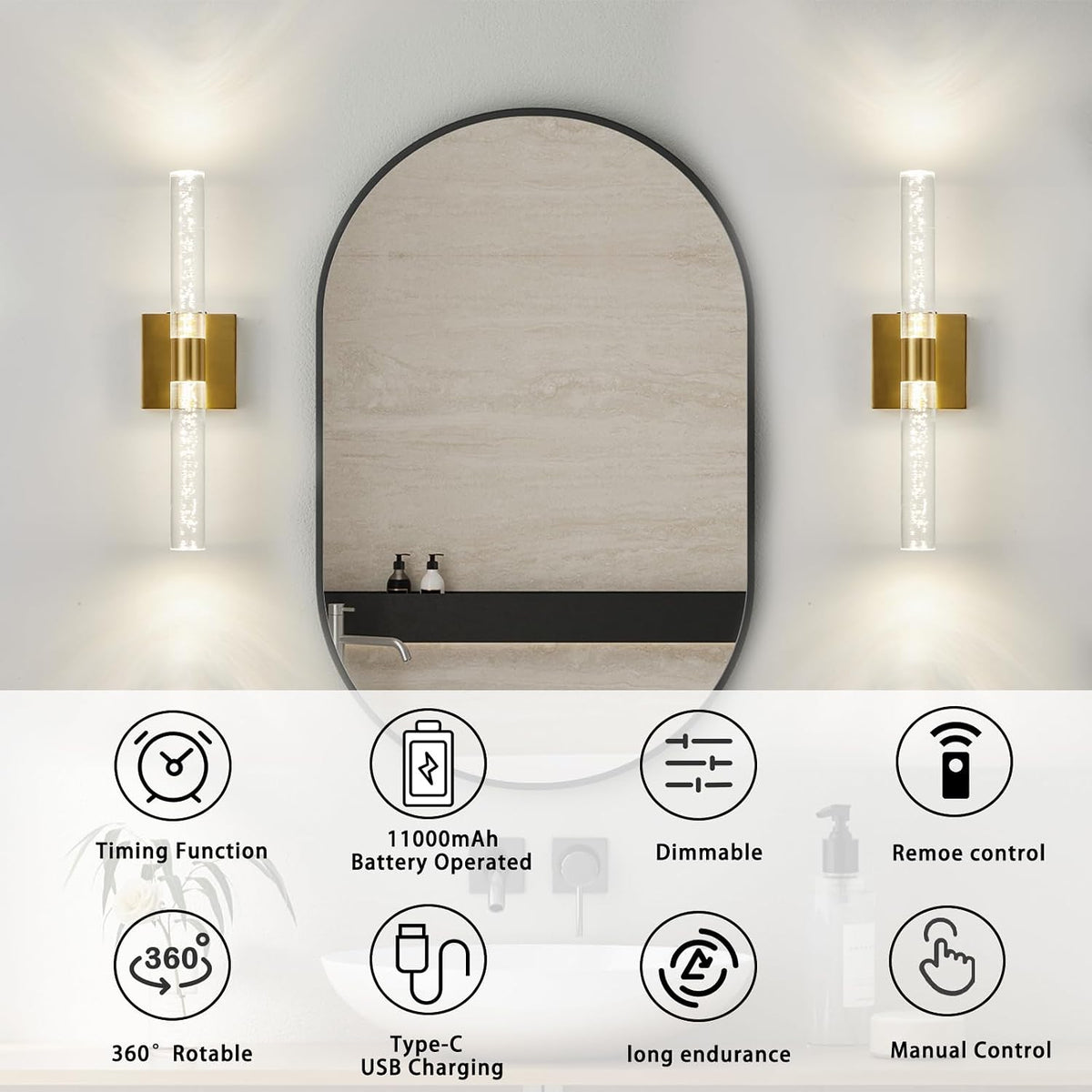 Battery Operated Wall Sconce Set of Two, Rechargeable Modern Crystal Bathroom Sconces, 3000K-6000K Dimmable Gold LED