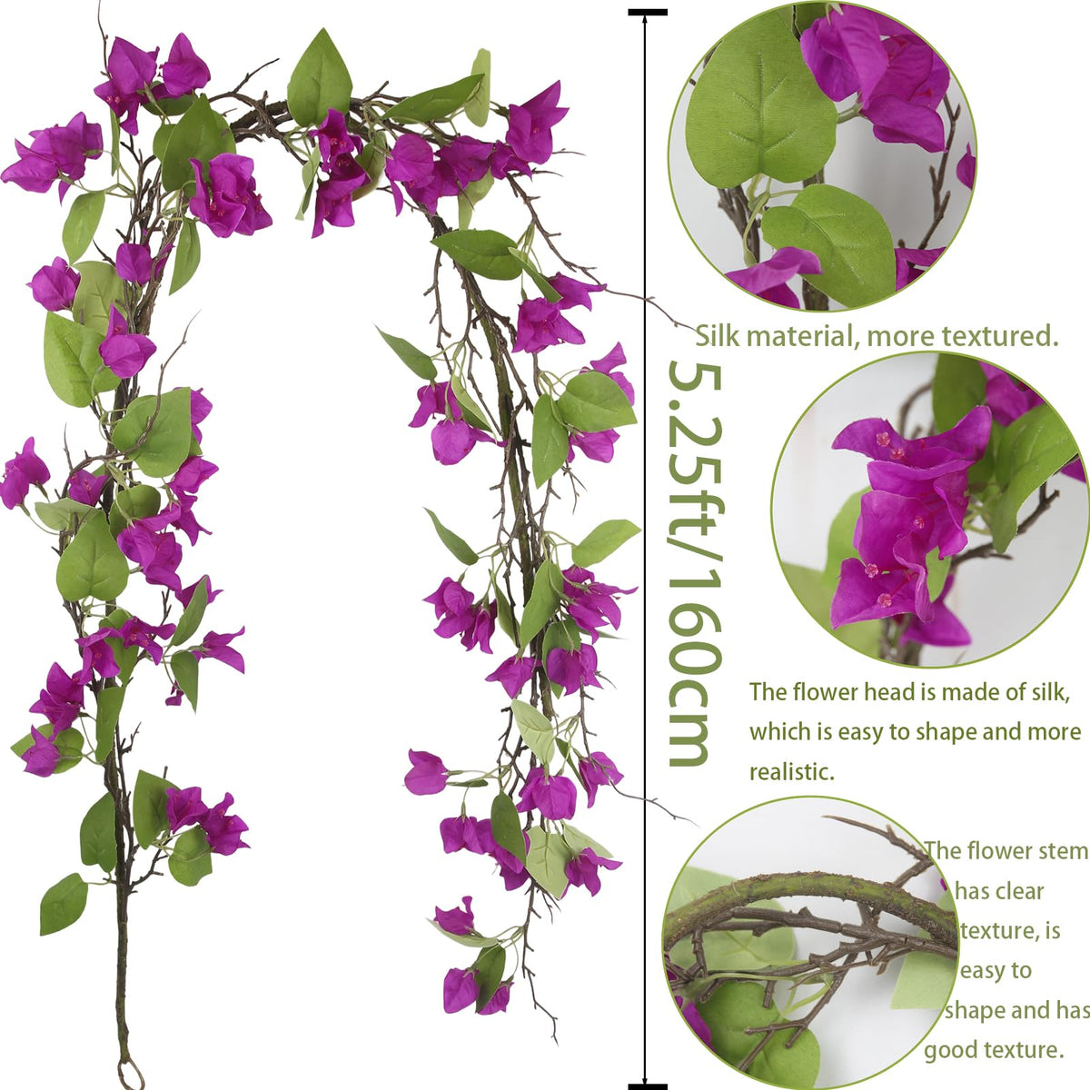 Artificial Bougainvillea Flowers Garland Purple Silk Bougainvillea Vines UV Resistant Realistic Faux Hanging Flowers