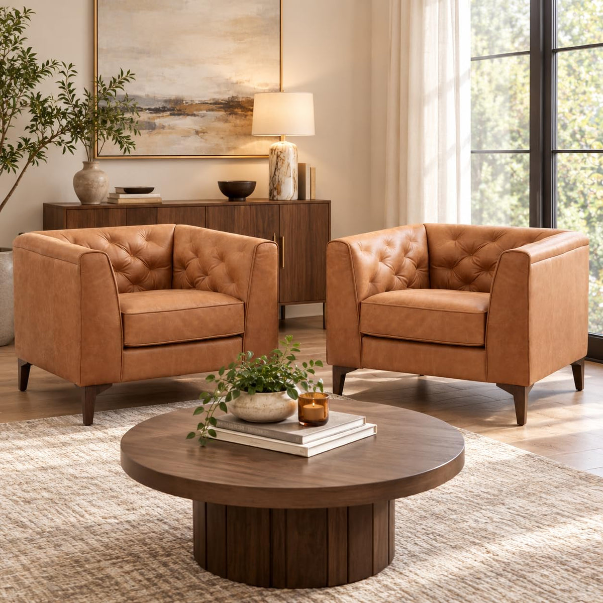 & BARK Essex 40" Lounge Chairs Set of 2 - Cognac Tan Full-Grain Pure-Aniline or Semi-Aniline Italian Leather, Tufted