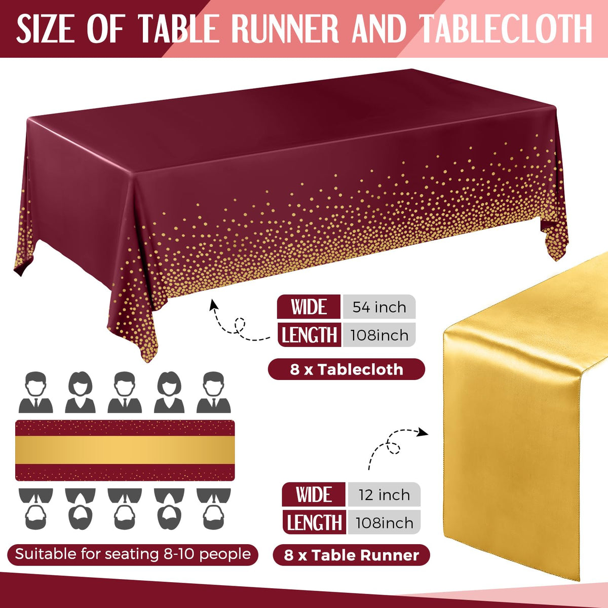 16 Pack Burgundy and Gold Tablecloths and Satin Runners Set