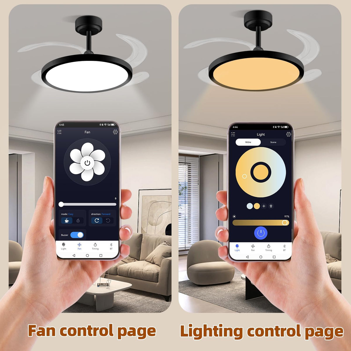 Slim Retractable Ceiling Fan with Lights and Remote/APP Control