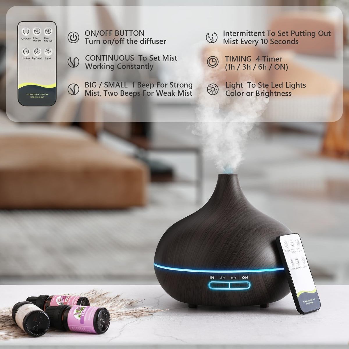 550ml Oil Diffuser with 15x10ml Aromatherapy Grade Essential Oils