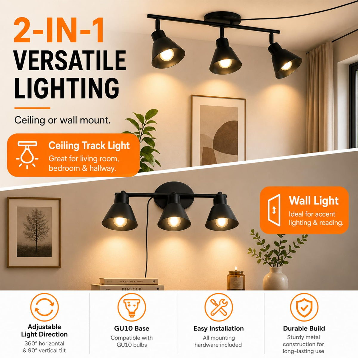 3 Light Plug in Track Lighting Kit,Modern Plug in Ceiling Light Fixture,16.4ft Cord,3 Way Ceiling Spot