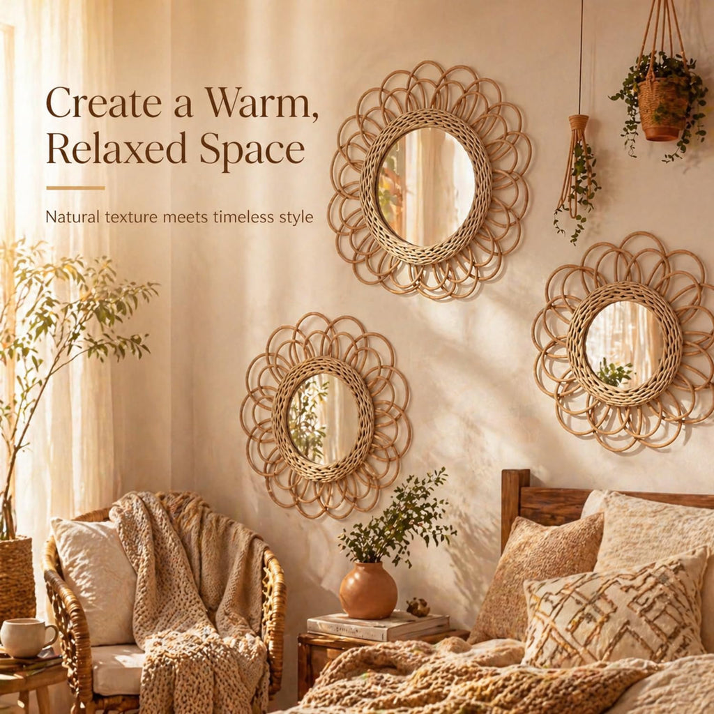 3 Pack Boho Rattan Mirror Wall Hanging Wicker Flower Decor