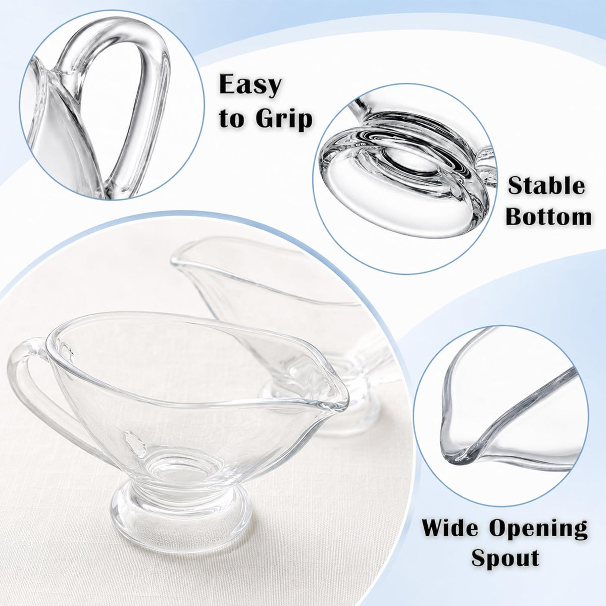 2 Pack 11 oz Saucy Glass Gravy Dish with Handle, Clear Gravy Sauce Boat for Dining, Holiday Meals & Parties