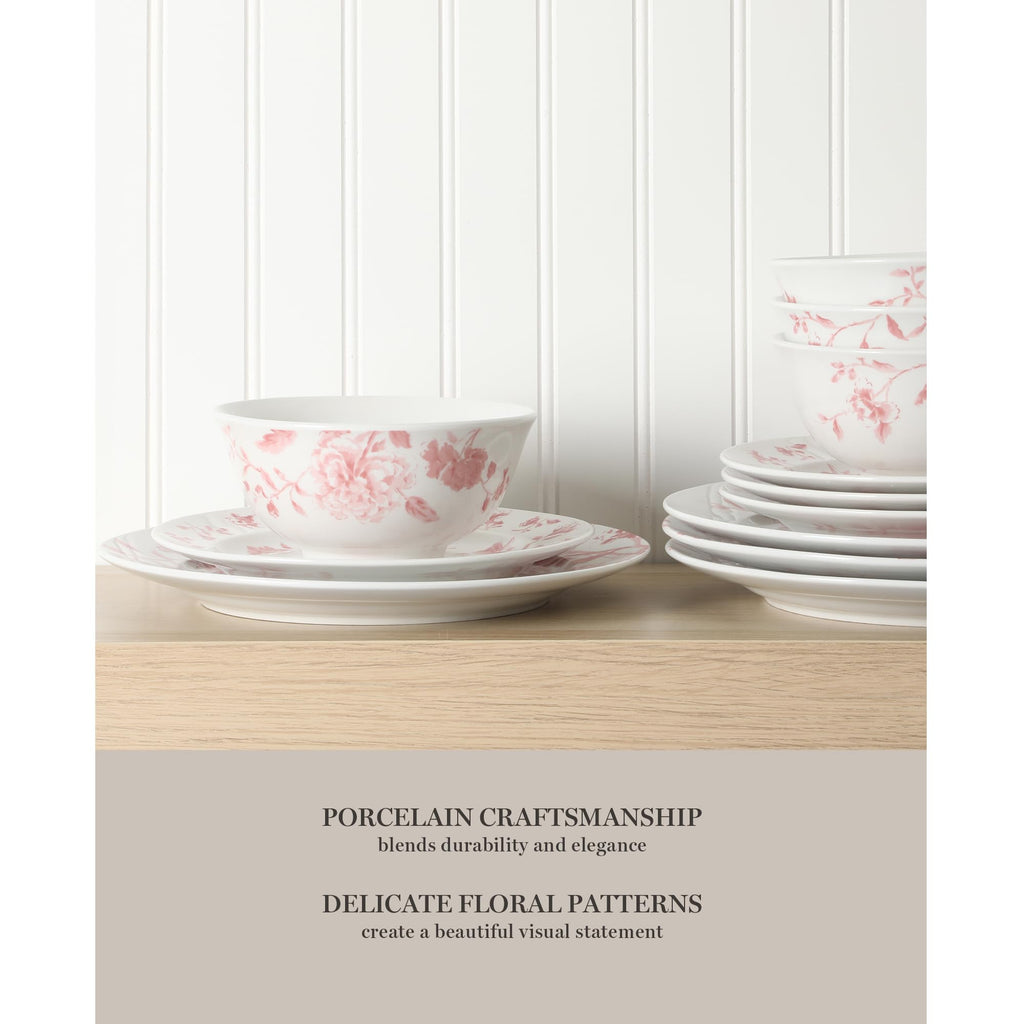 Empress Bouquet 12-Piece Decorated Porcelain Chip and Scratch Resistant Dinnerware Plates and Bowls Set - Pink Floral