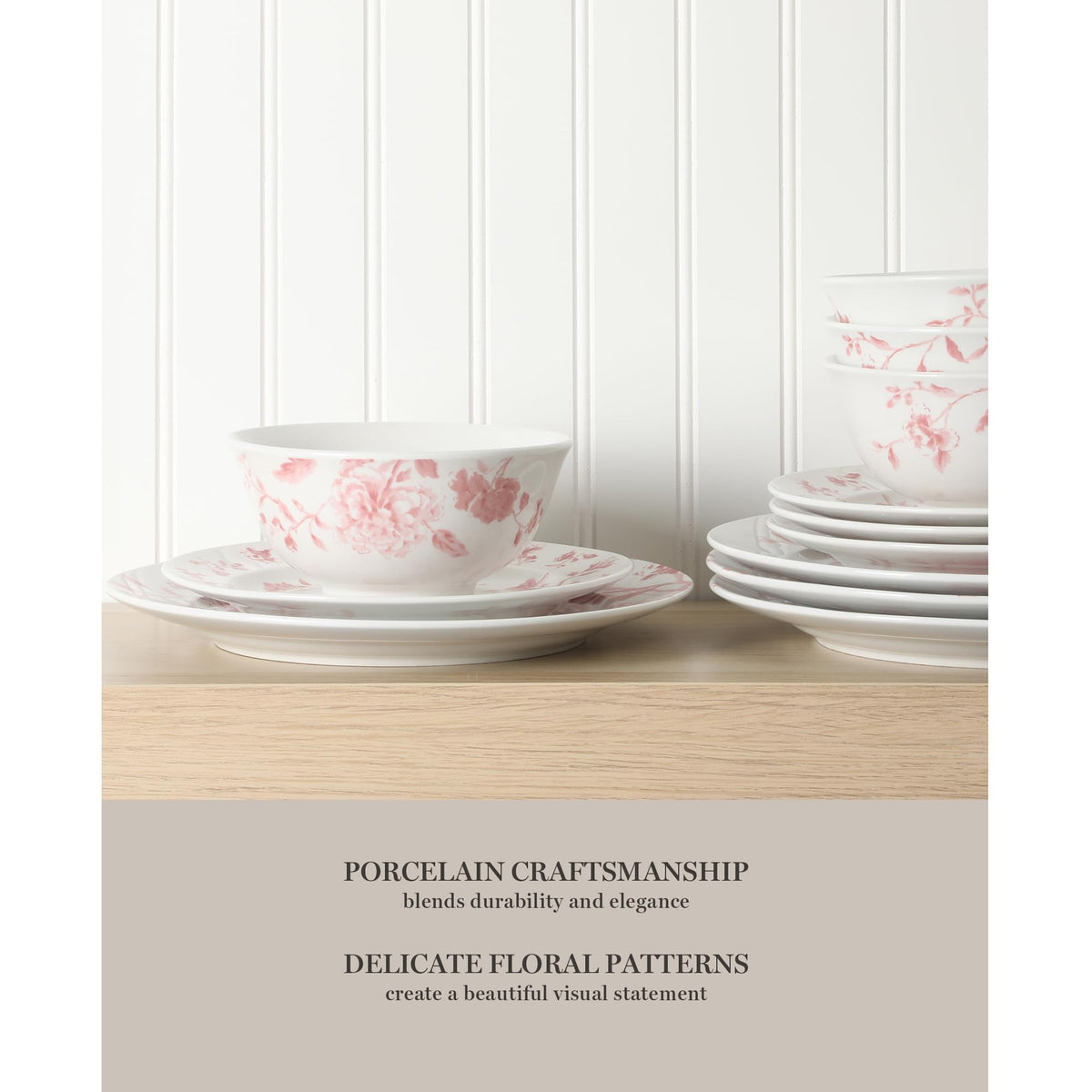 Empress Bouquet 12-Piece Decorated Porcelain Chip and Scratch Resistant Dinnerware Plates and Bowls Set - Pink Floral