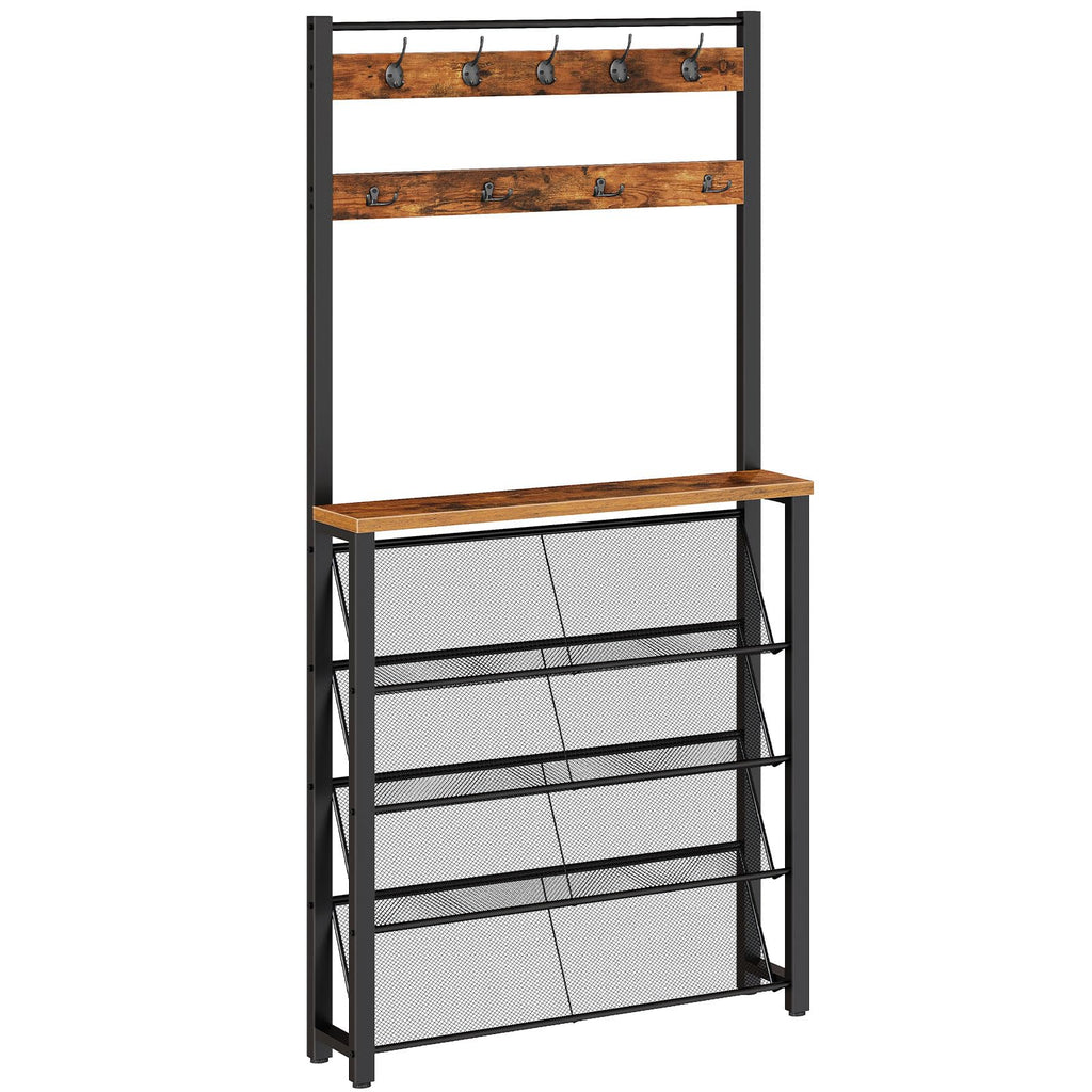Hall Tree with Bench, Narrow Shoe Rack with Coat Rack, Coat Rack with Shoe Storage, 5 Tier Slanted Shoe Storage