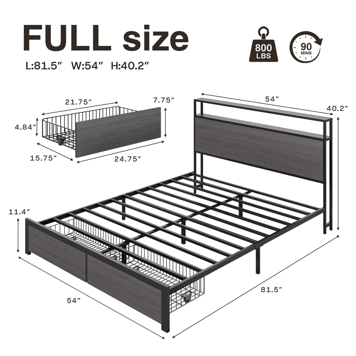 Bed Frame with 2 Drawers, LED Lights, Charging Station