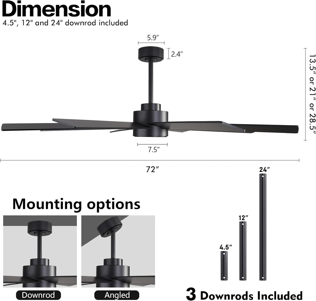 72" Large DC Ceiling Fans without Lights, 3 Downrods, 8 Plywood Blades, 6-Speeds Reversible DC Motor