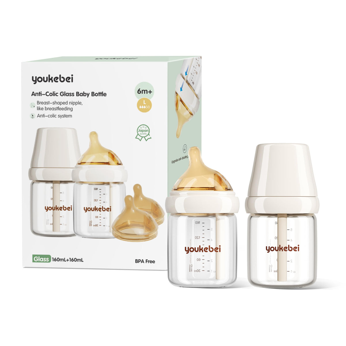 Natural Glass Baby Bottle for Breastfeeding Babies, Newborn Anti-Colic Bottle Set with Large Flow Nipple (L), 0-3