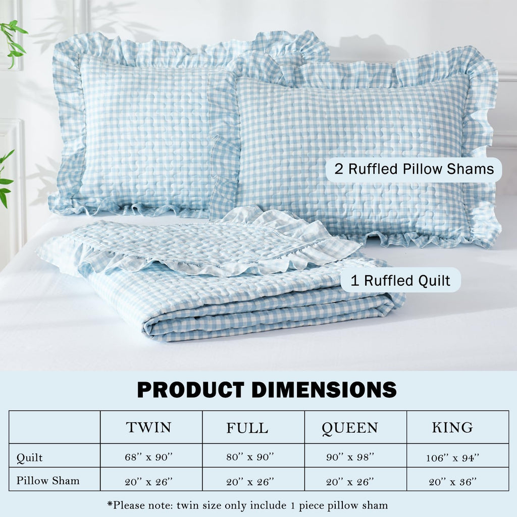 Gingham Quilt Set Light Blue Ruffled Summer Bedspread
