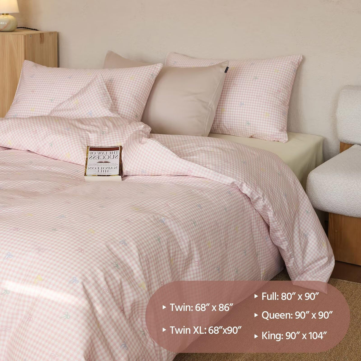Pink Gingham Cotton Duvet Cover 3 Pcs, 100% Cotton Duvet Cover with 2 Pillowcases, Rustic Aesthetic