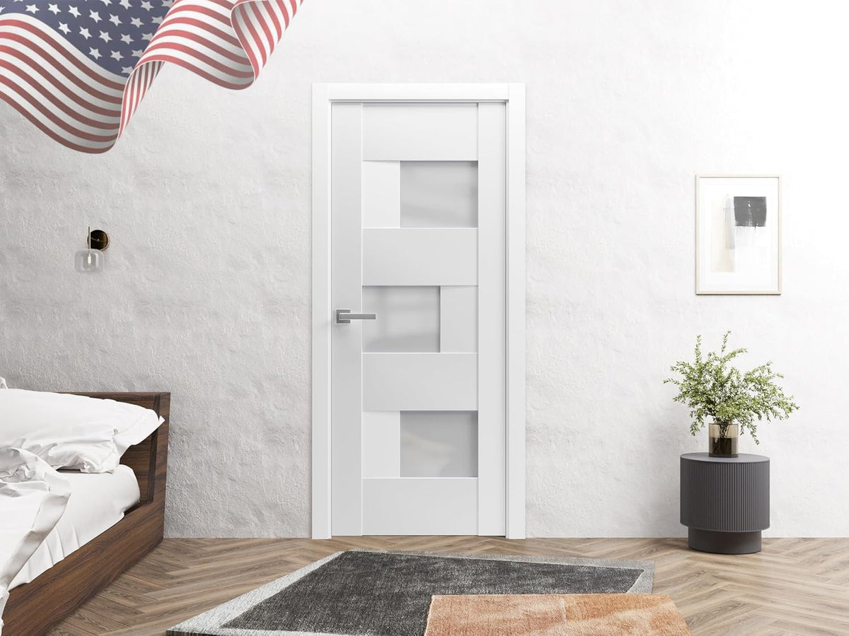 Solid French Door Opaque Glass 32 x 80 inches | Sete 6933 White Silk | Single Regular Panel Frame Handle | Bathroom Bedroom Modern Doors