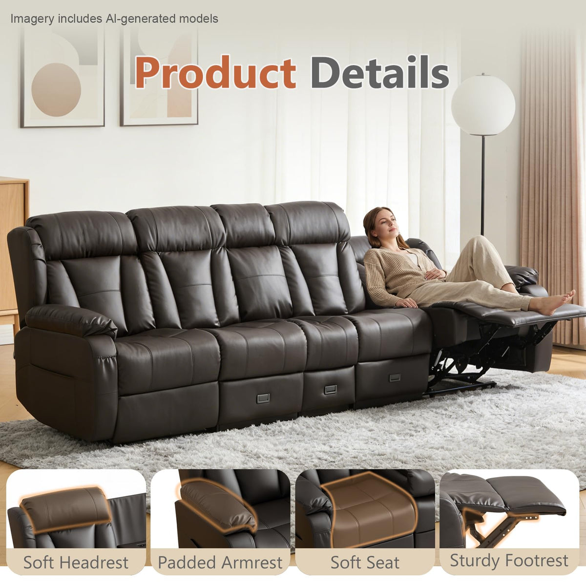 4 Seat Reclining Sofa with Console, Faux Leather, Brown