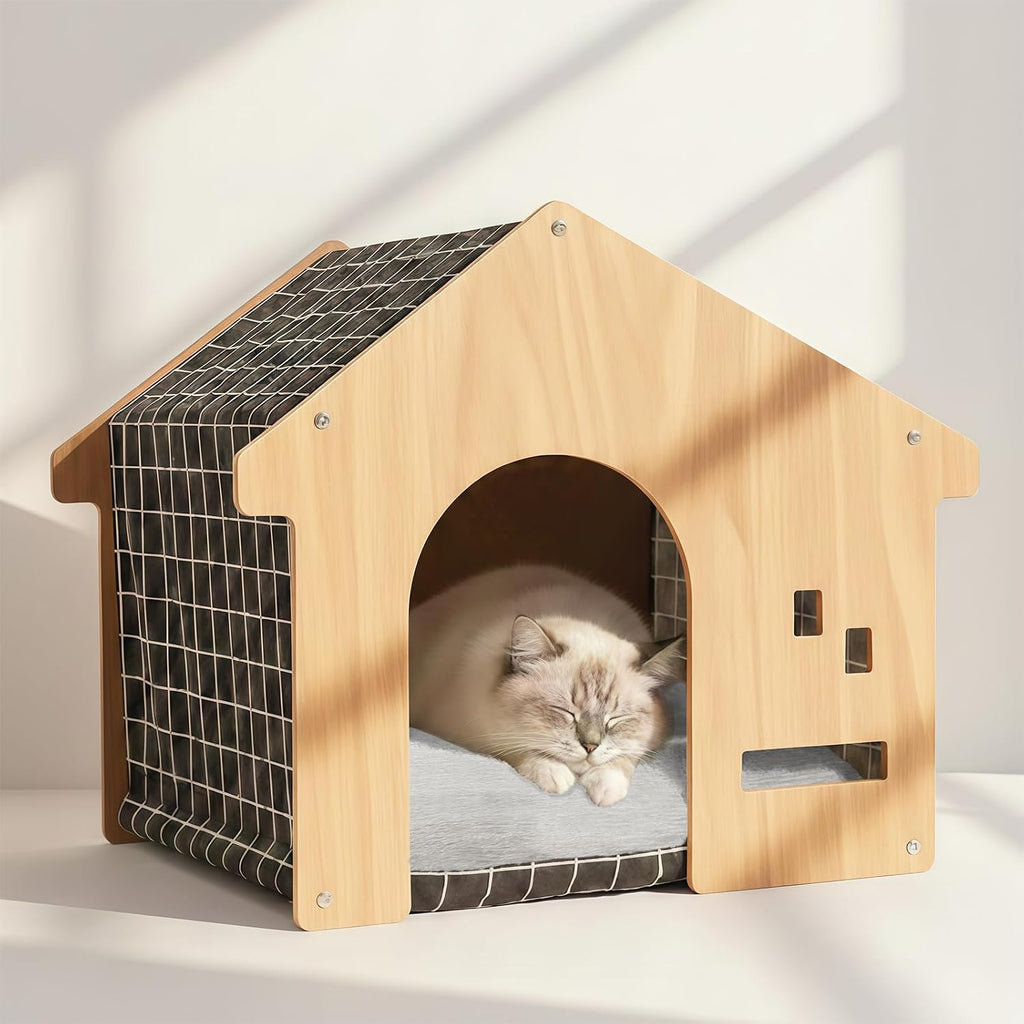 Indoor Dog House with Solid Pine Wood Frame, Furniture Style Cat House & Condos for Small Medium Dogs Cats Up to