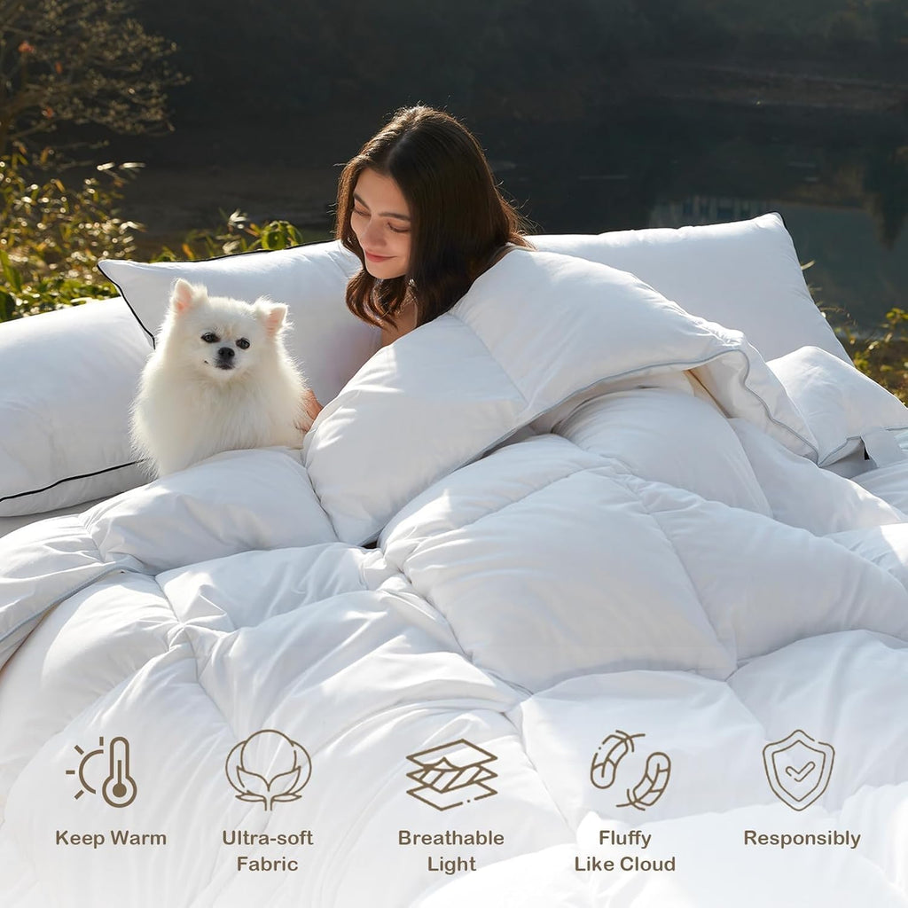 Luxury Oversized Down Feather Fibers Comforter, Soft Cotton Blend Cover, High Fill Power Medium Weight