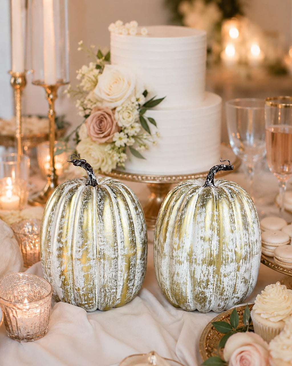 2 Pack 8 Inch Distressed Gold Artificial Pumpkins for Fall Decor