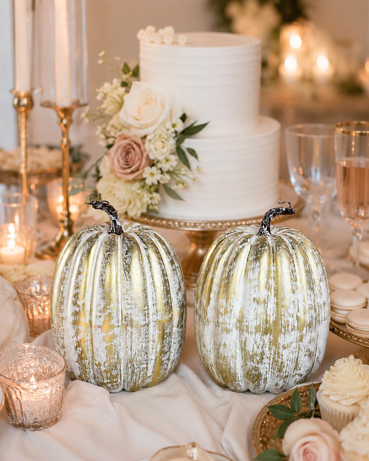2 Pack 8 Inch Distressed Gold Artificial Pumpkins for Fall Decor
