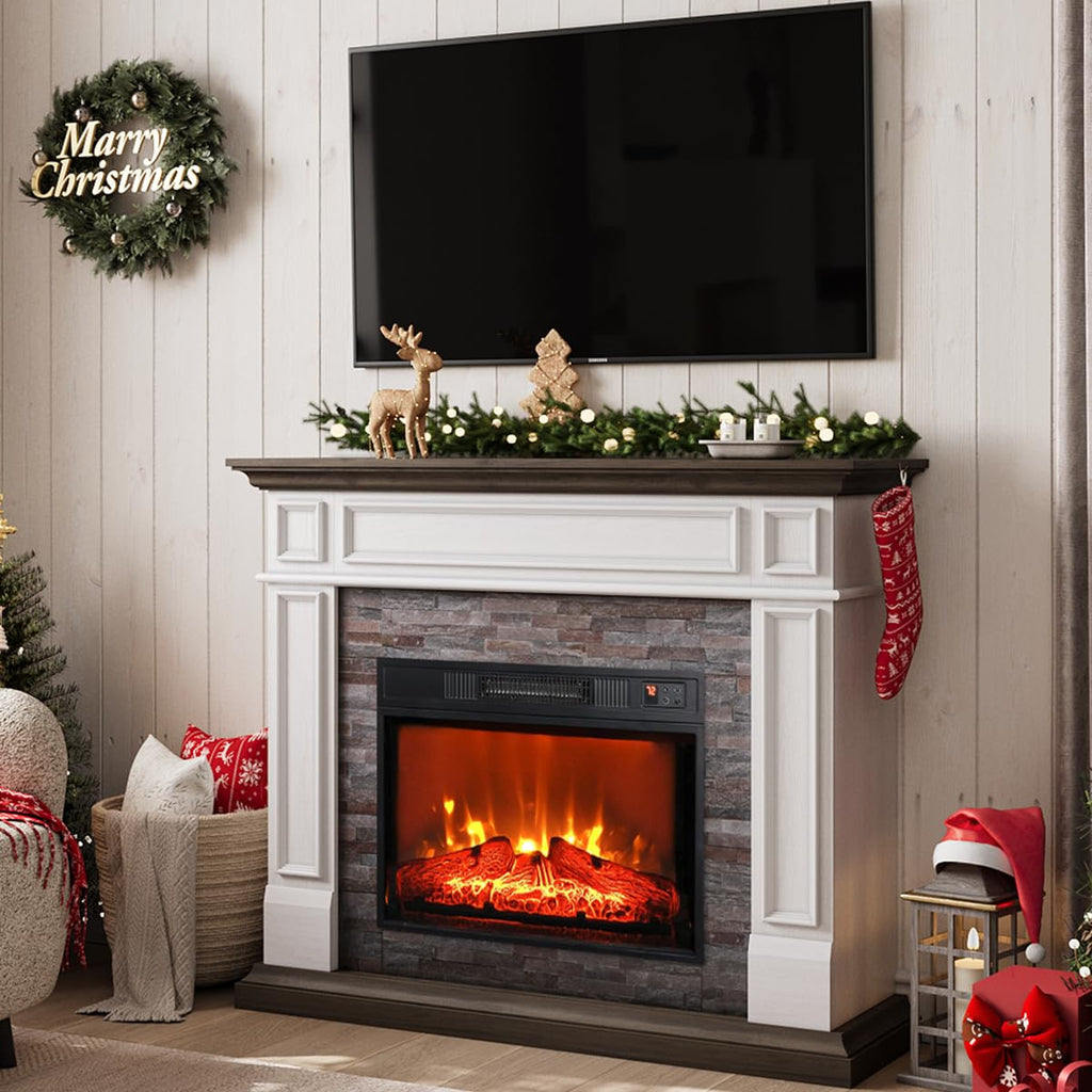 44" Electric Fireplace Mantel, Farmhouse TV Stand w/ 23" Heater, Brown