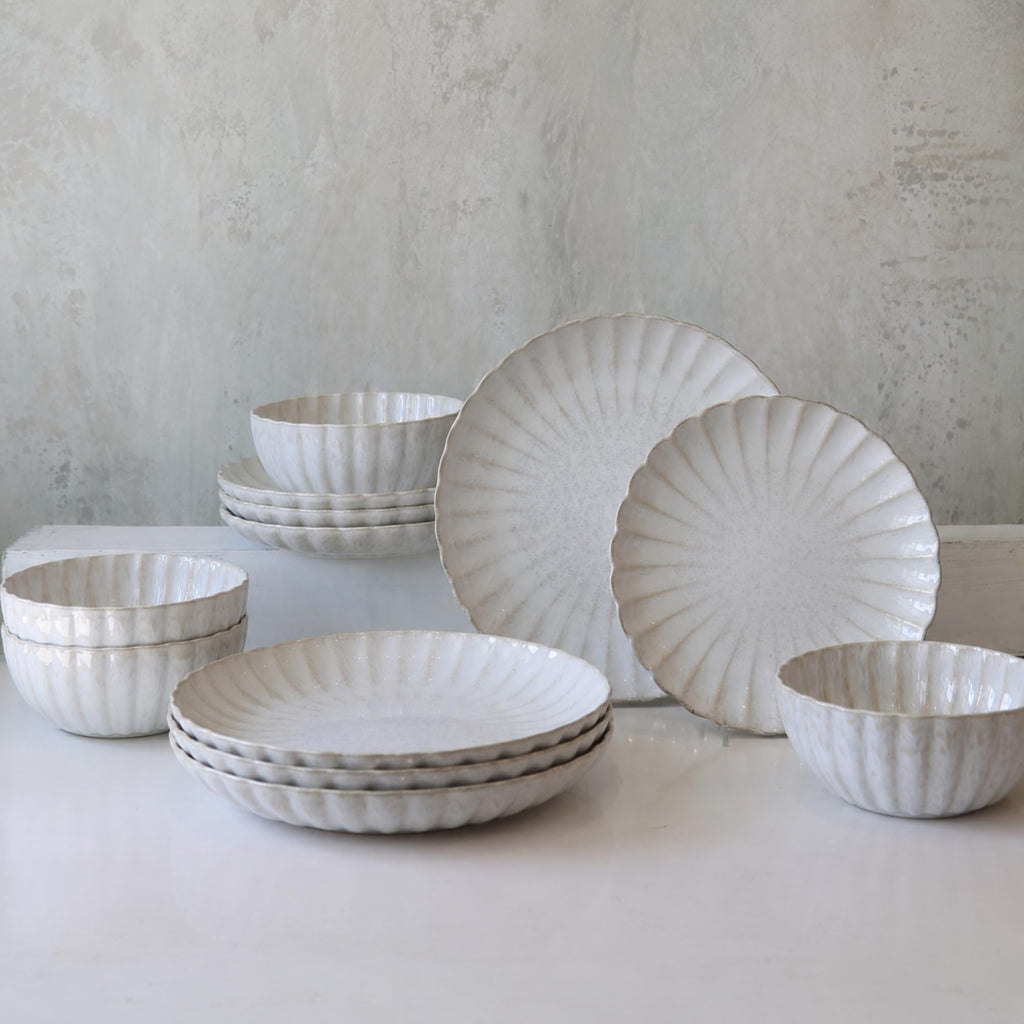 Ceramica Kea 12 Piece Stoneware Dinnerware Set for 4, Reactive Glaze Plates and Bowls Set, Modern Neutral Tone
