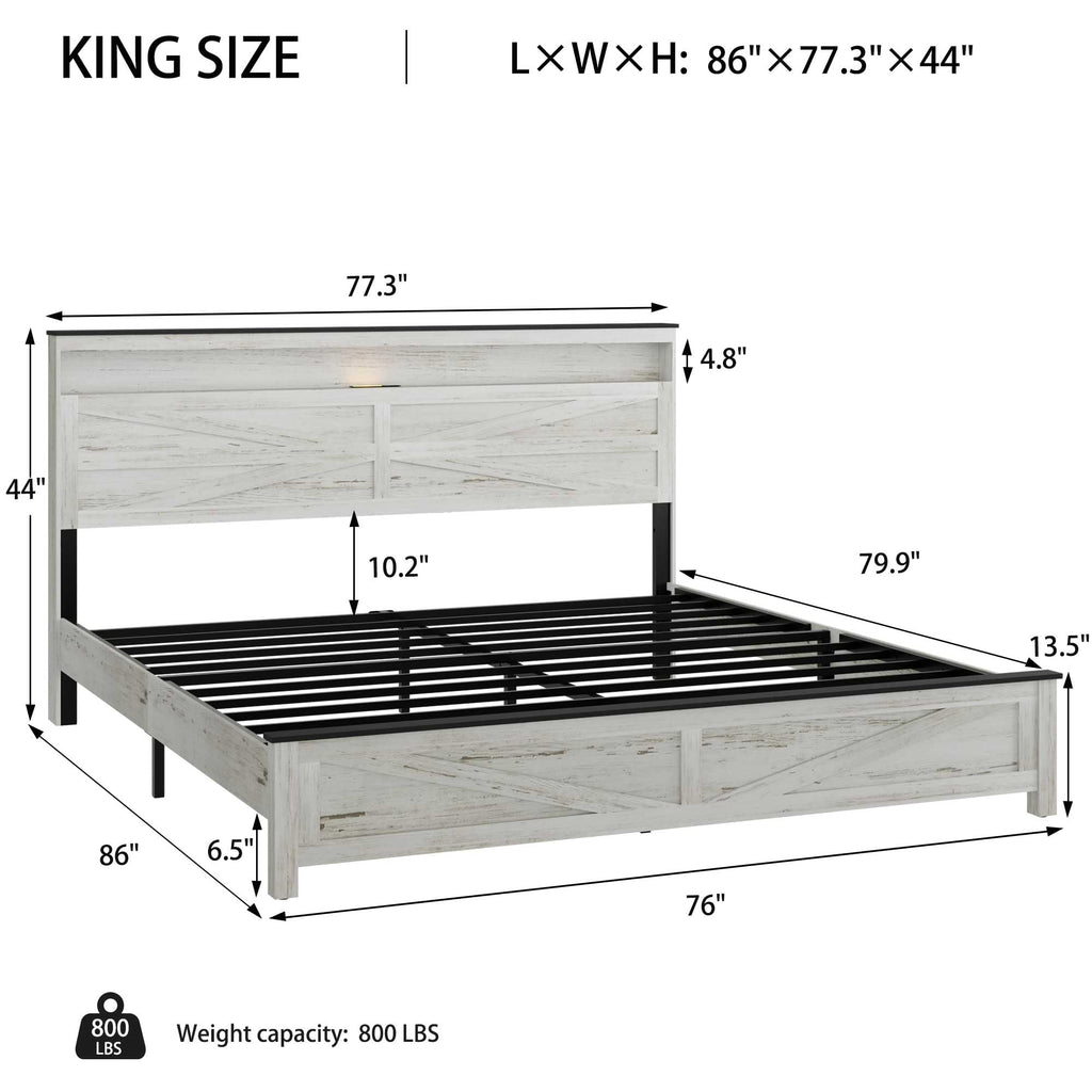 Farmhouse Wooden Bed Frame with Storage Headboard, Rustic Wooden Bedframe with LED Lights and Charging