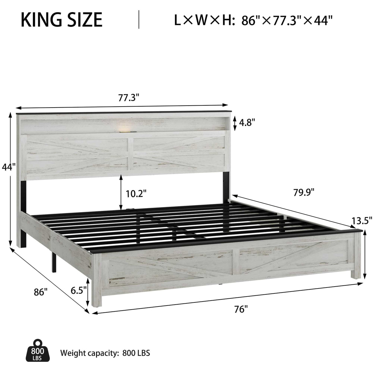 Farmhouse Wooden Bed Frame with Storage Headboard, Rustic Wooden Bedframe with LED Lights and Charging
