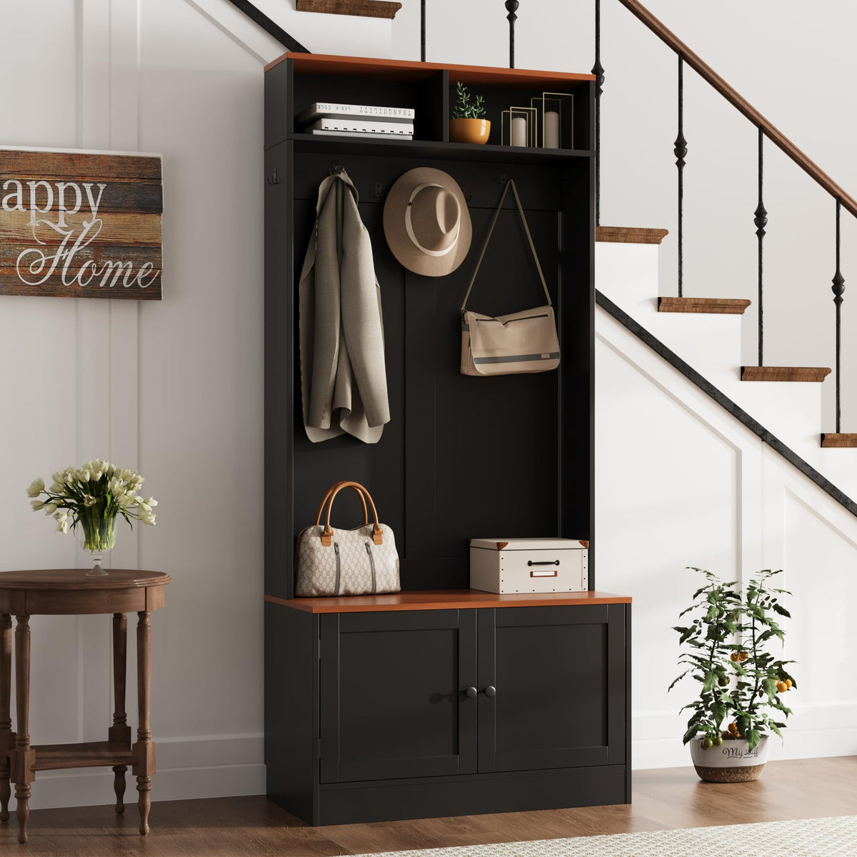 Entryway Hall Tree with Bench and Storage, 5-in-1 Farmhouse Coat Rack with 7 Hooks, Bench with Coat Rack with Storage