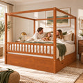 Queen Size Wood Canopy Bed Frame, Walnut Vintage Four-Posters Frames