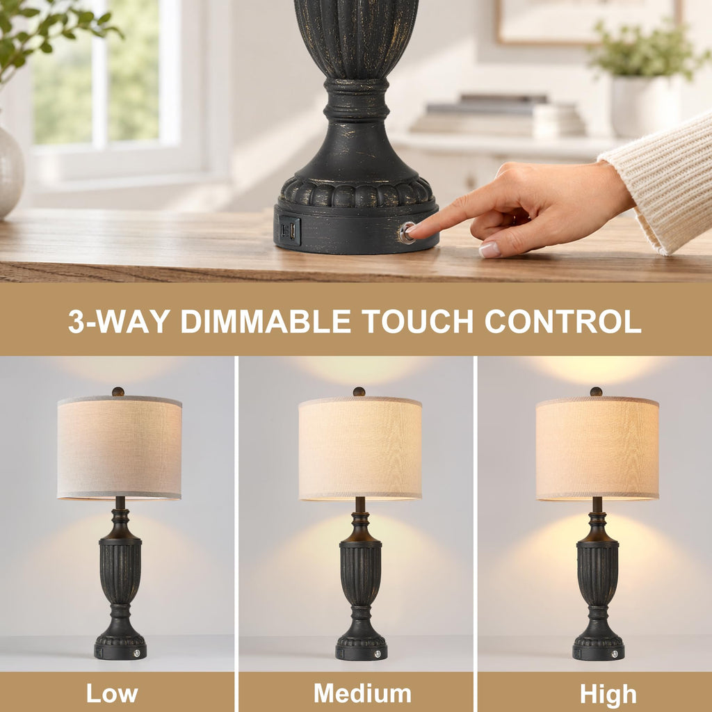 Black Farmhouse Lamps Set of 2, 27.5" Bedroom Lamps Set of 2 with USB Ports, Dimmable Rustic Bedside Lamps Nightstand