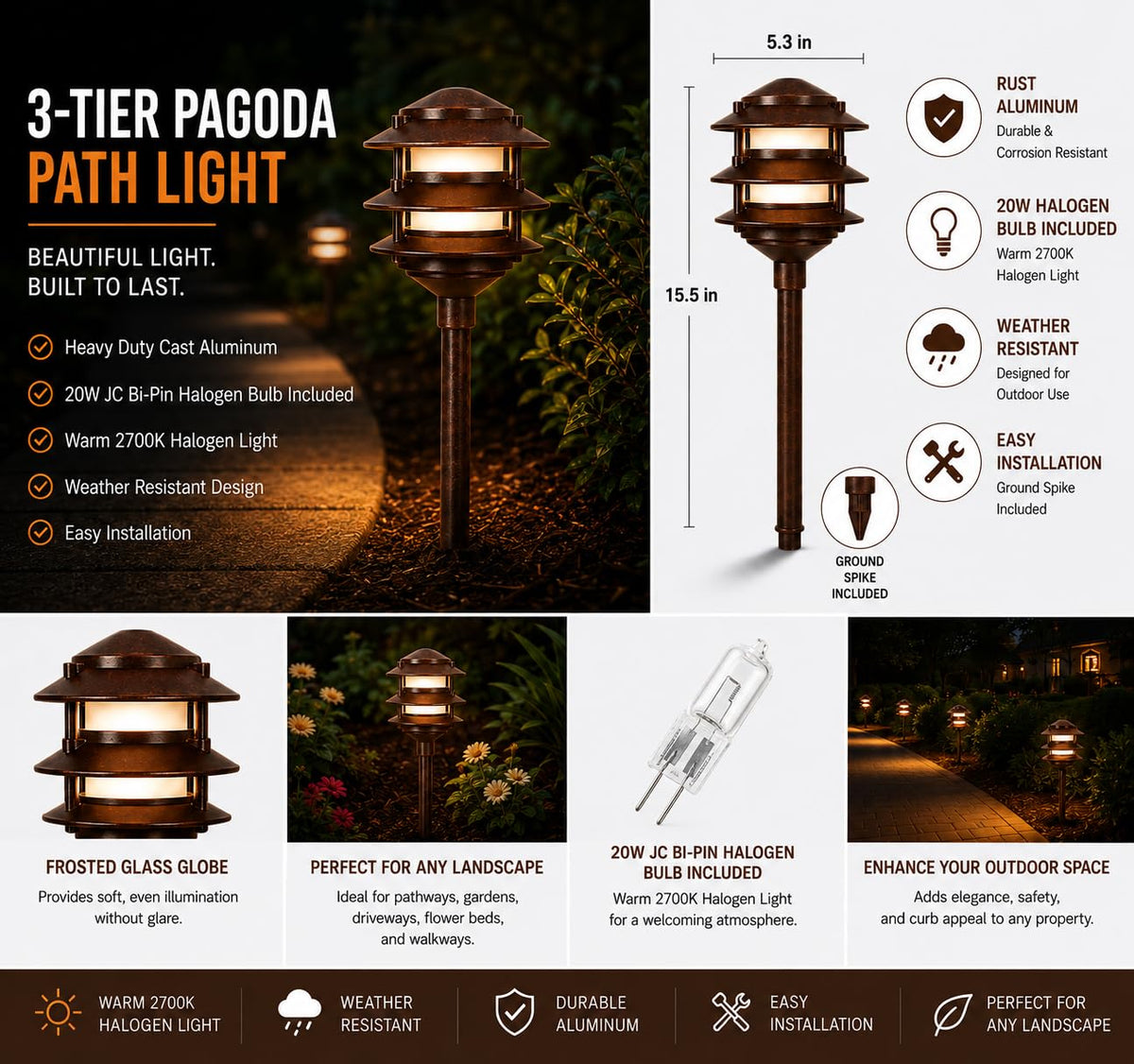 12 Low Voltage Landscape 3 Tier Cast Aluminum Pagoda Light, for Gardens, Walkways, Pathways & Yards (Rust)