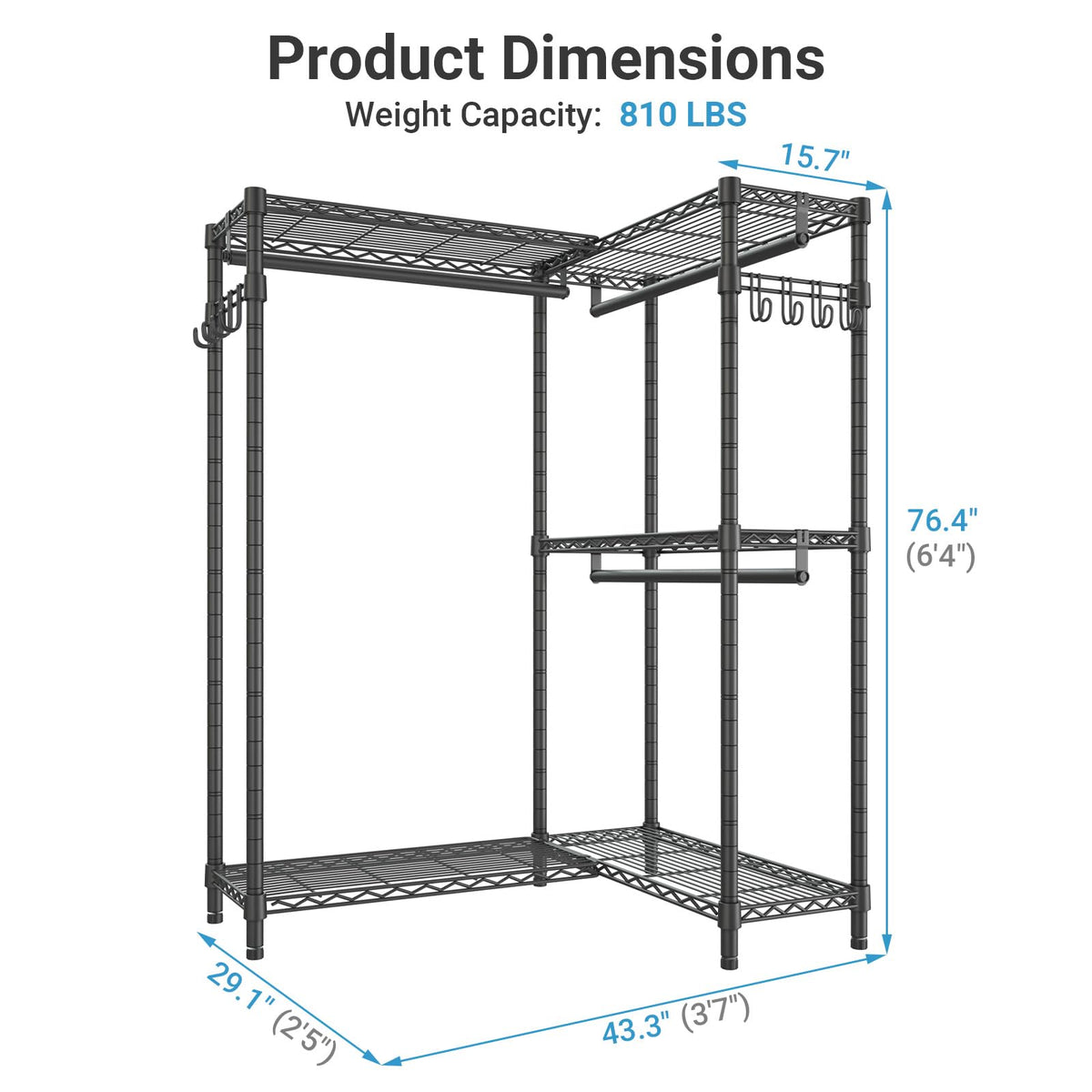 L4 Clothing Rack for Hanging Clothes Heavy Duty Closet for Corner