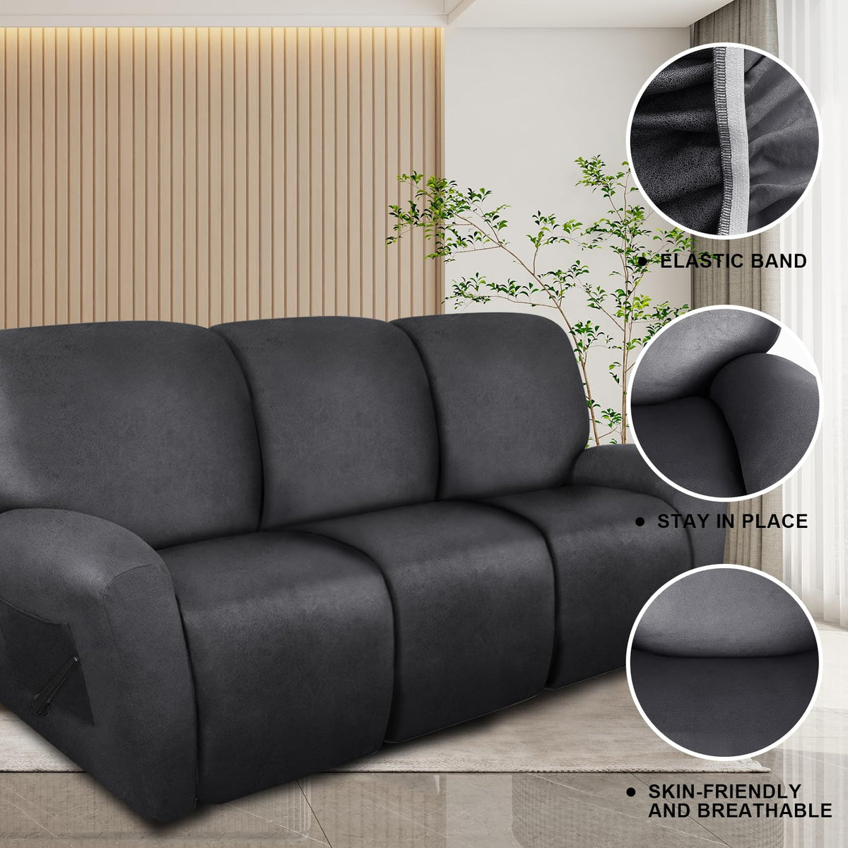 Recliner Sofa Covers - 8 Pieces Stretch Leather Like Large Couch Covers for 3 Seats Reclining Slipcovers Soft