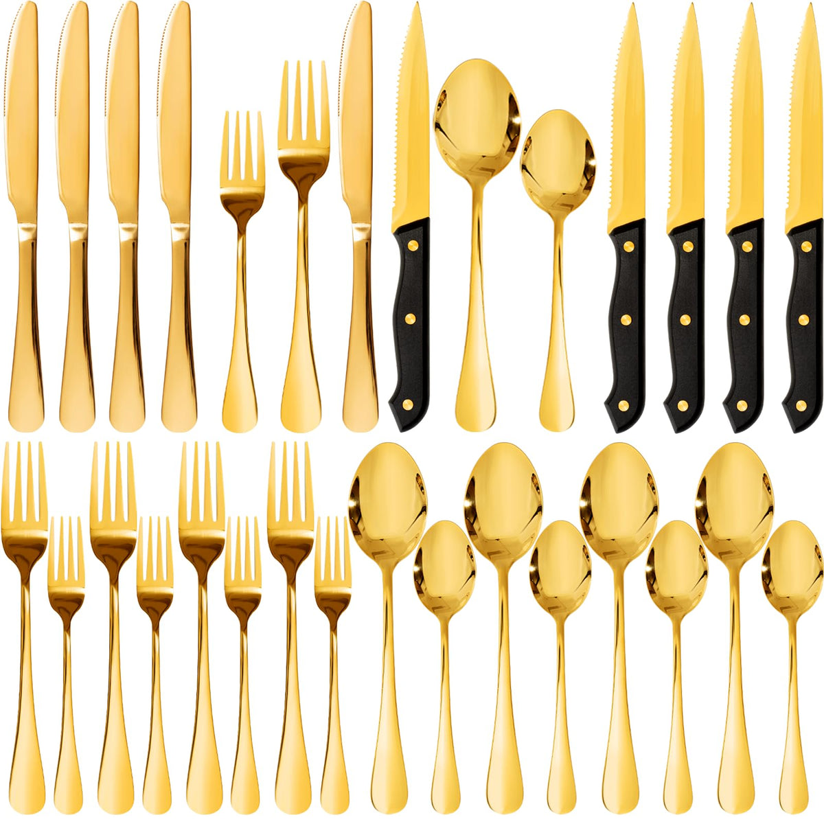 24-Piece Silverware Set with Steak Knives Gold Flatware Set for 4 Food-Grade Stainless Steel Cutlery Set Mirror
